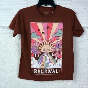 NWT MIGHTY FINE brown renewal colorful sun, mushroom & moon graphic shirt SZ XS